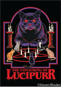 Illustration of a black cat with red eyes and other cats around candles, titled 'The Conjuring of Lucipurr' by Steven Rhodes.