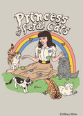 Illustration of a woman with cats and a rainbow on a beige background, titled 'Princess of Feral Cats' by Hillary White.