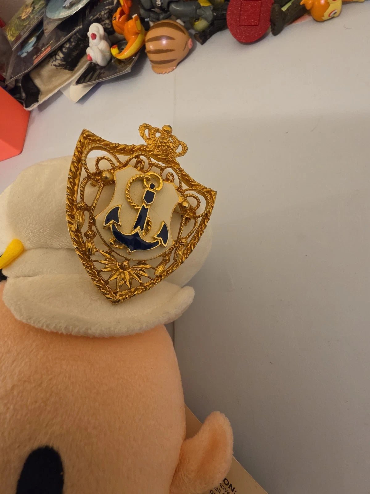 Custom Popeye Plush with Vintage CRAFT Nautical Shield Anchor Crown Brooch Pin - Grown Up Kids