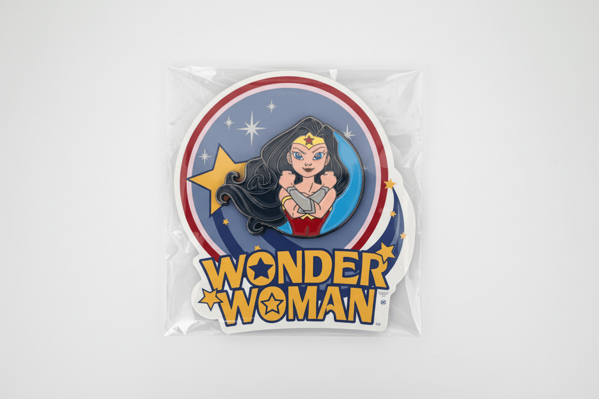 DC Comics Wonder Woman Enamel Pin and Sticker Set - Justice League - Grown Up Kids