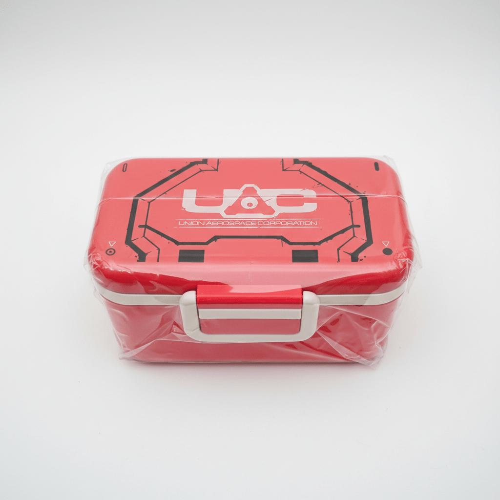 DOOM UAC Union Aerospace Corporation Red Metal Storage Tin Carry Case - Grown Up Kids