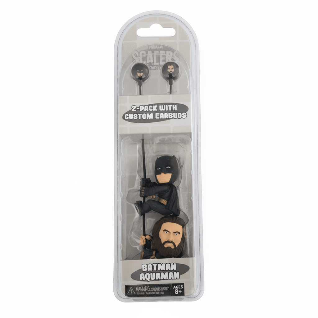 NECA Scalers Batman & Aquaman Earbuds with Character Cable Clips 2-Pack - Grown Up Kids