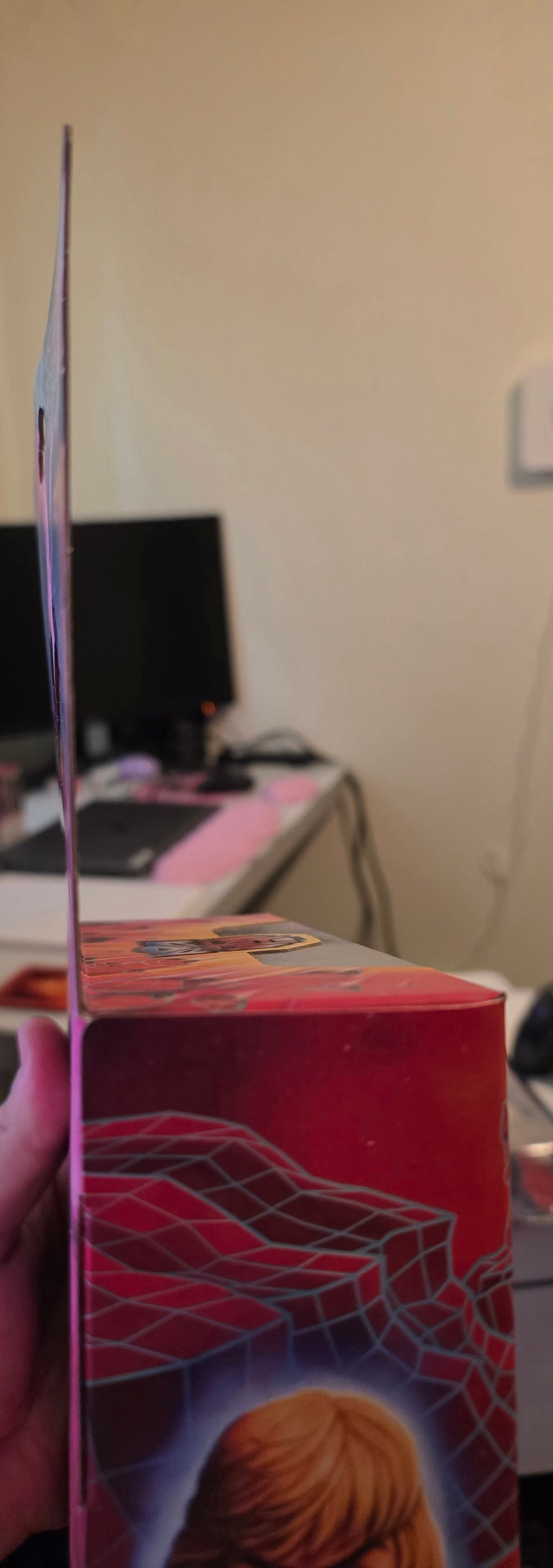 Close-up of a red box with a character on it, held in front of a blurred indoor background.