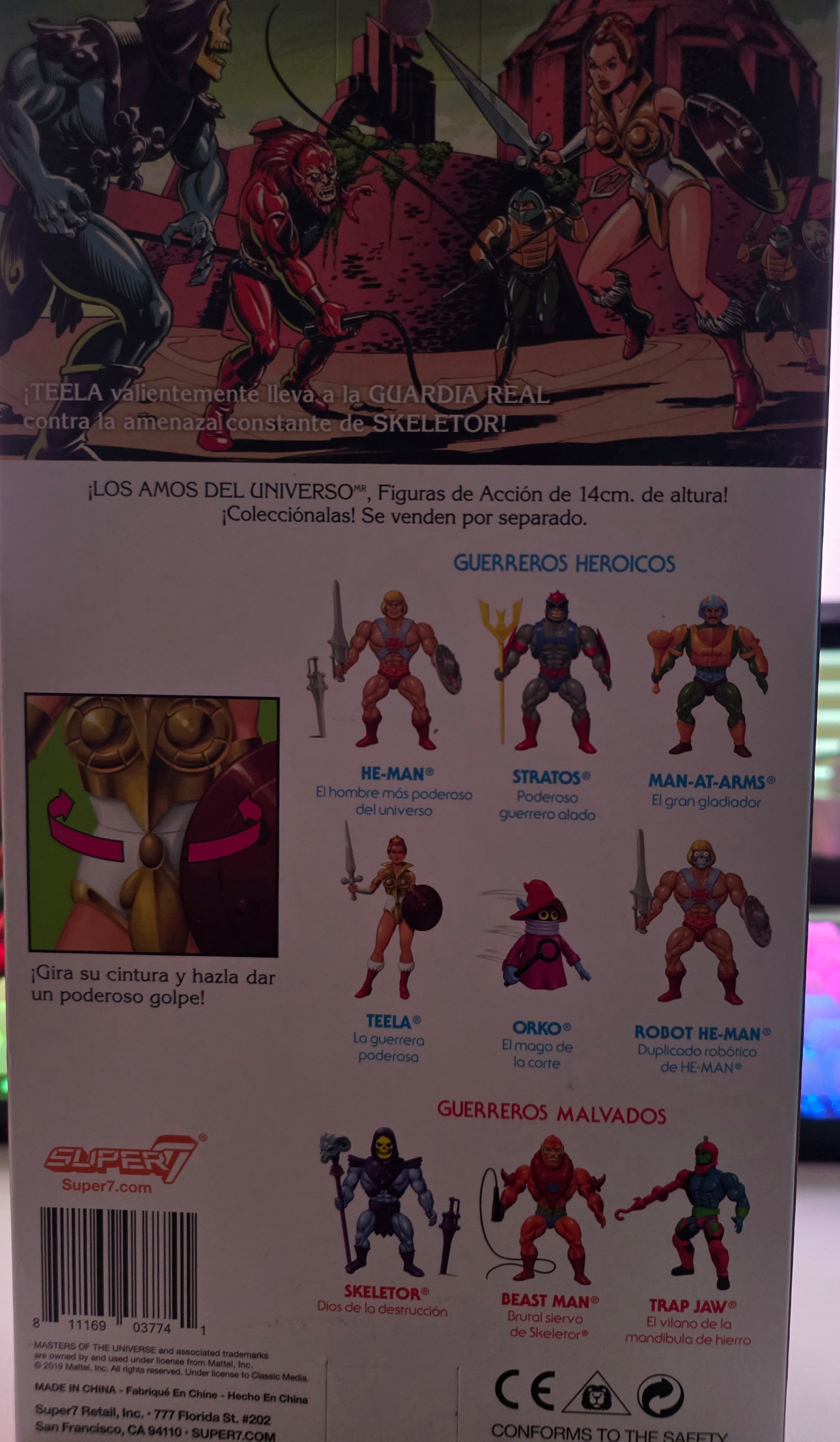 Back of a toy action figure packaging with character illustrations and text.
