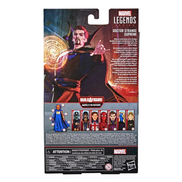 Marvel Legends Doctor Strange Supreme action figure packaging with character illustrations on a white background