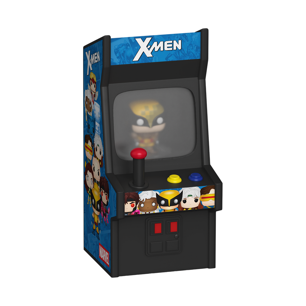X-Men themed miniature arcade machine with character illustrations on a white background