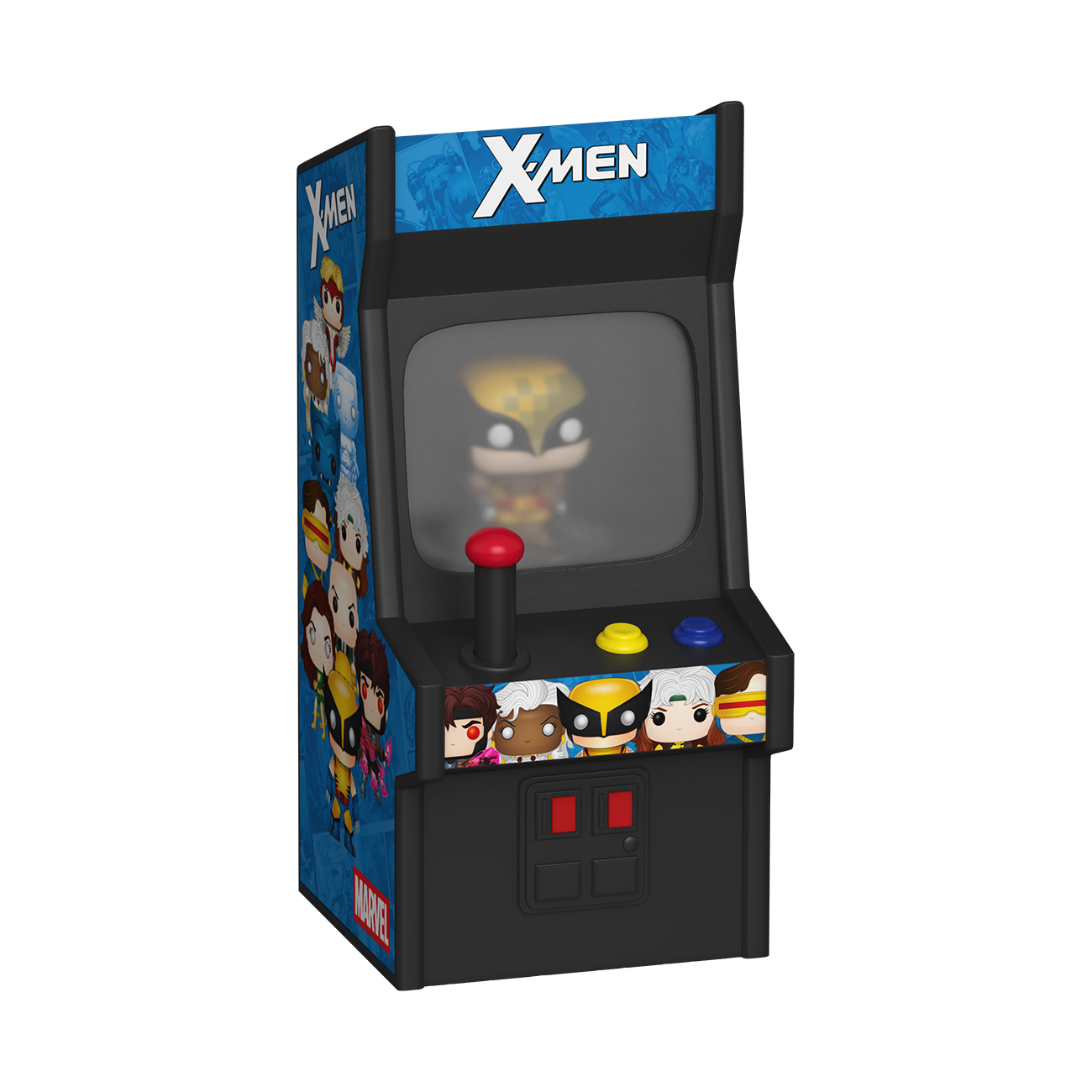 X-Men themed miniature arcade machine with character illustrations on a white background