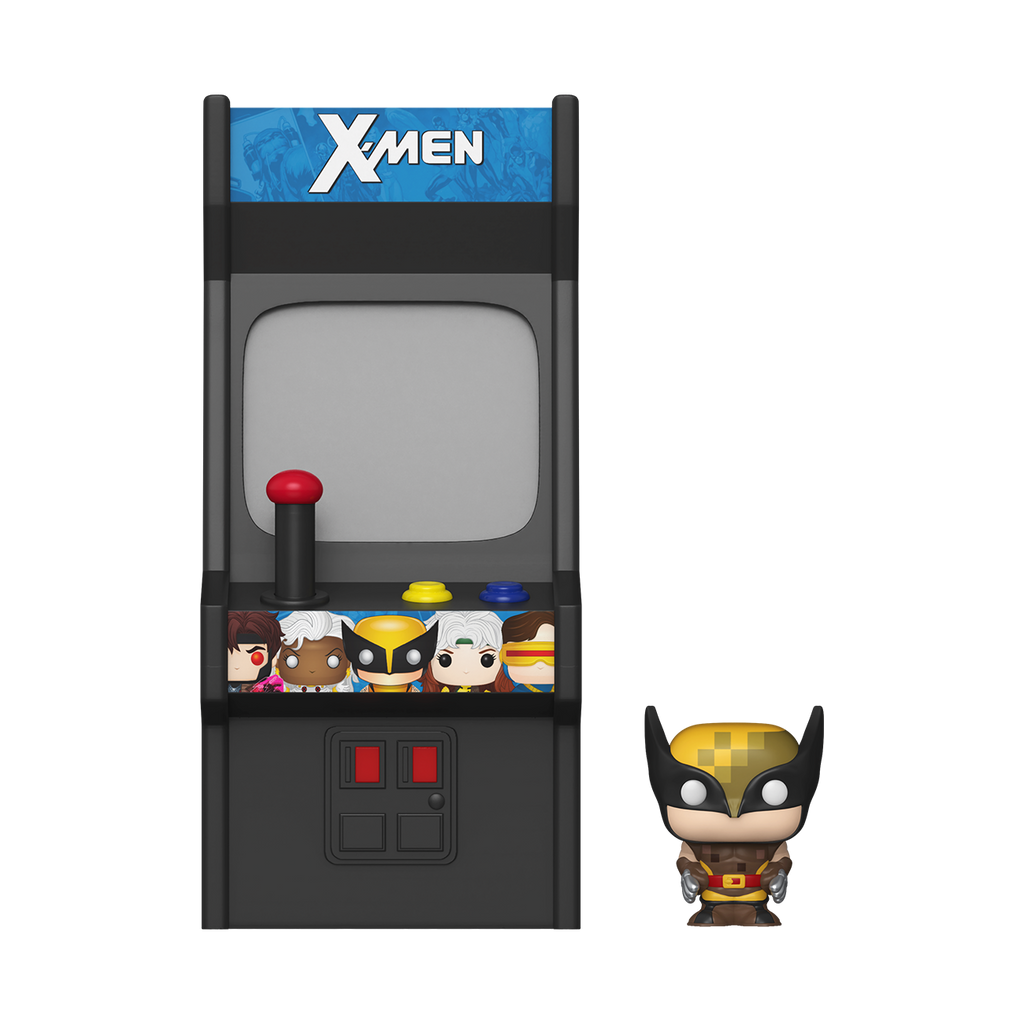 X-Men themed arcade machine with a Wolverine figure in front on a white background