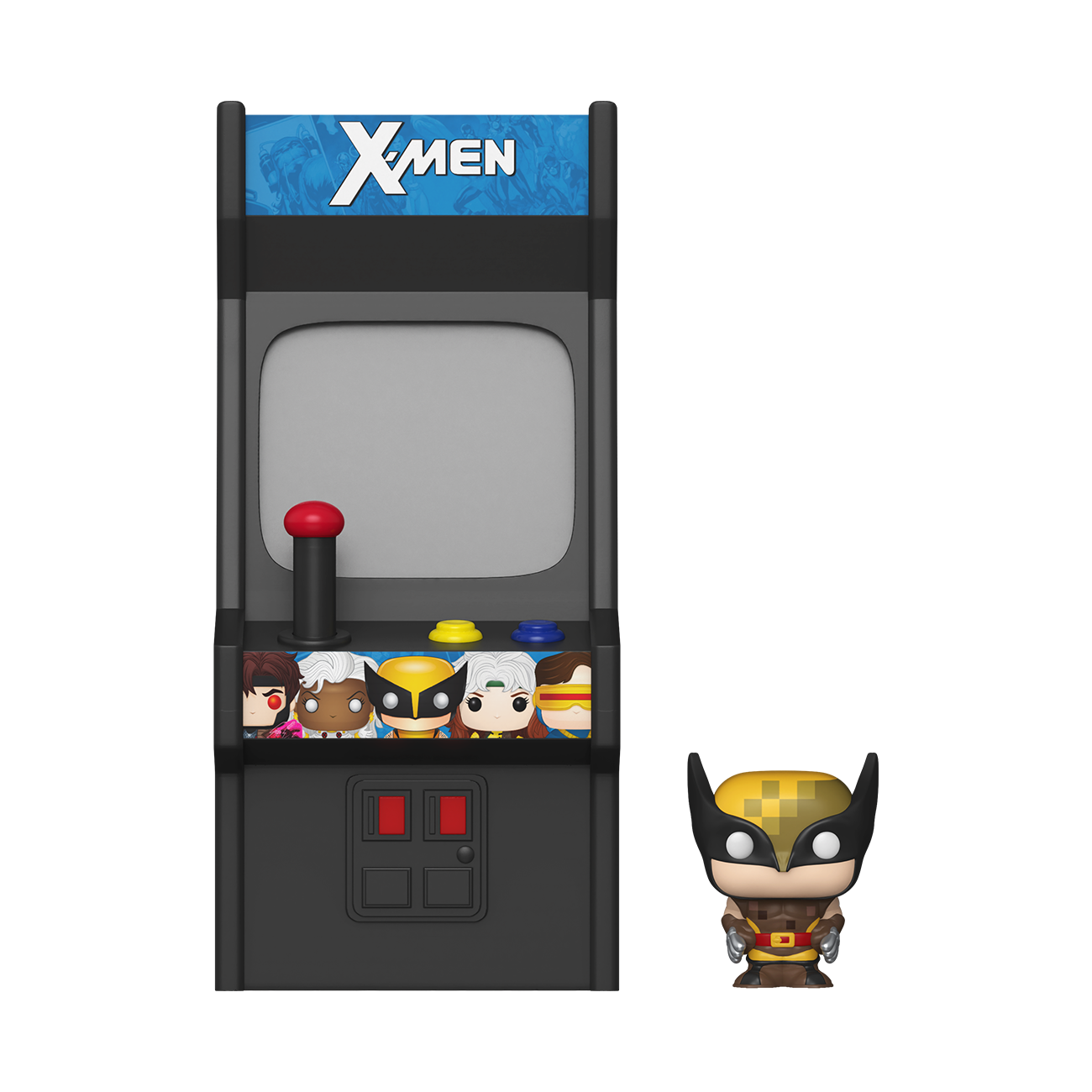X-Men themed arcade machine with a Wolverine figure in front on a white background