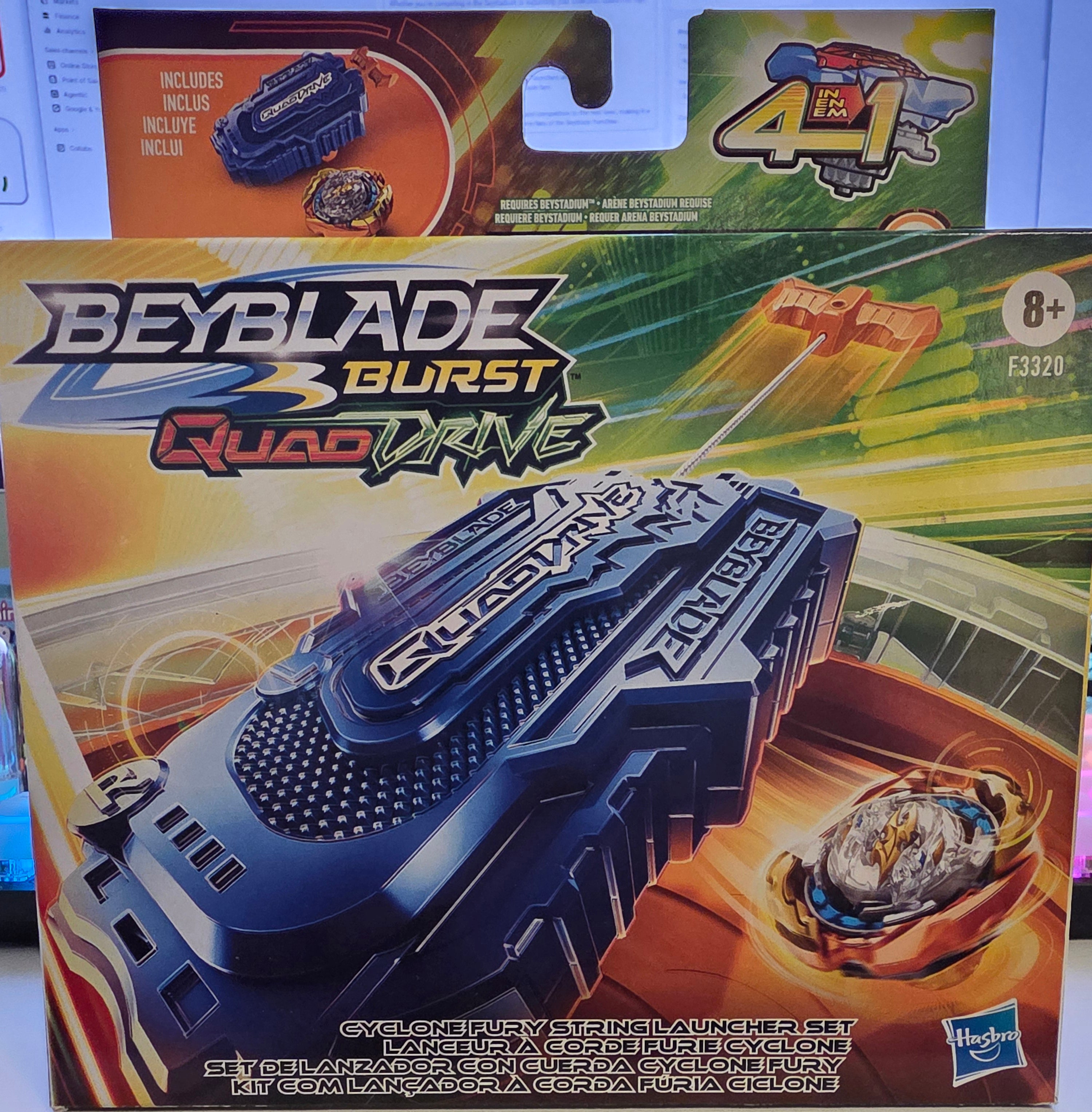 Beyblade Burst Quad Vange toy packaging with Beyblade and launcher on a colorful background