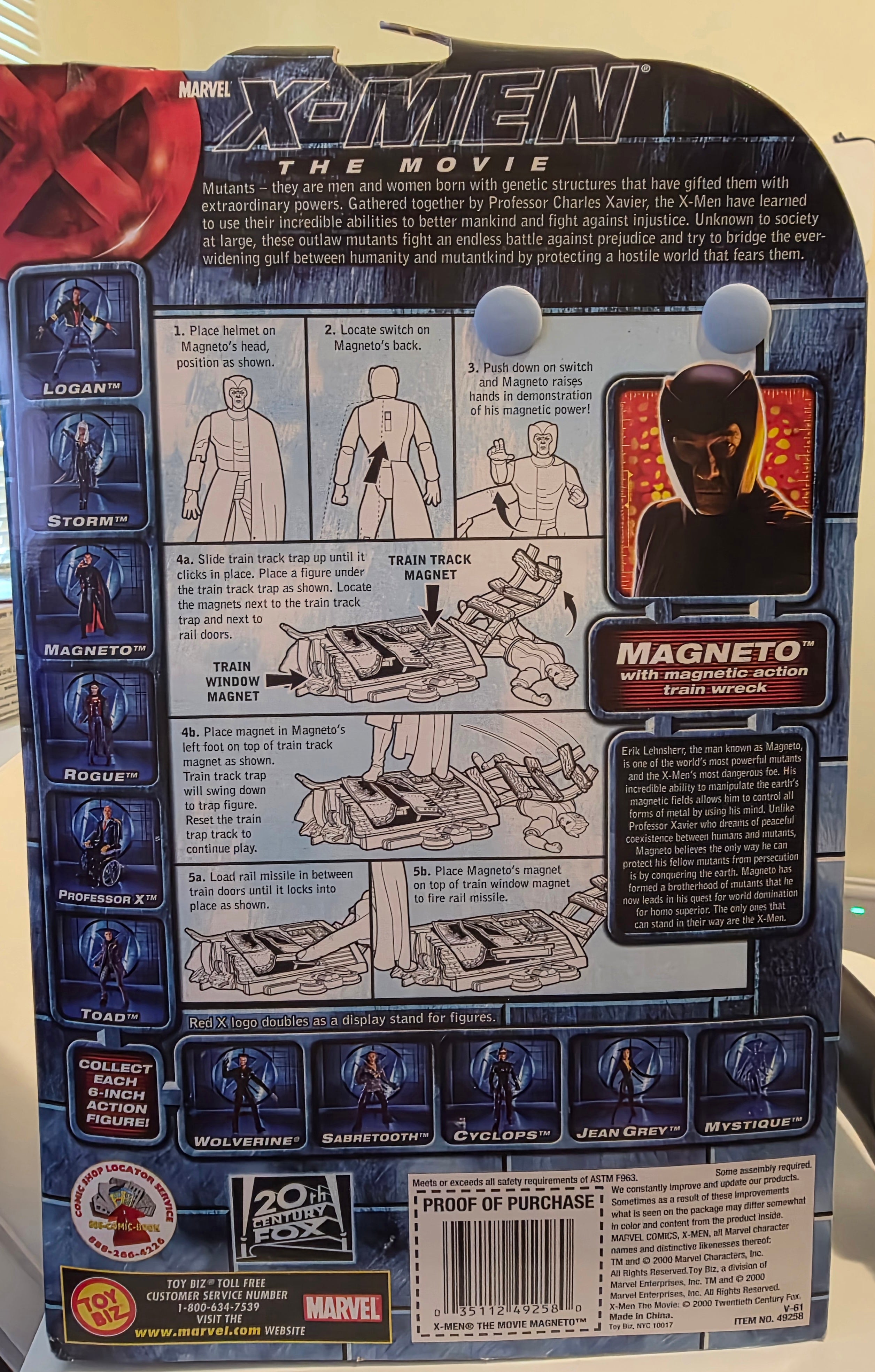 Back of a Marvel X-Men action figure packaging with character illustrations and branding.