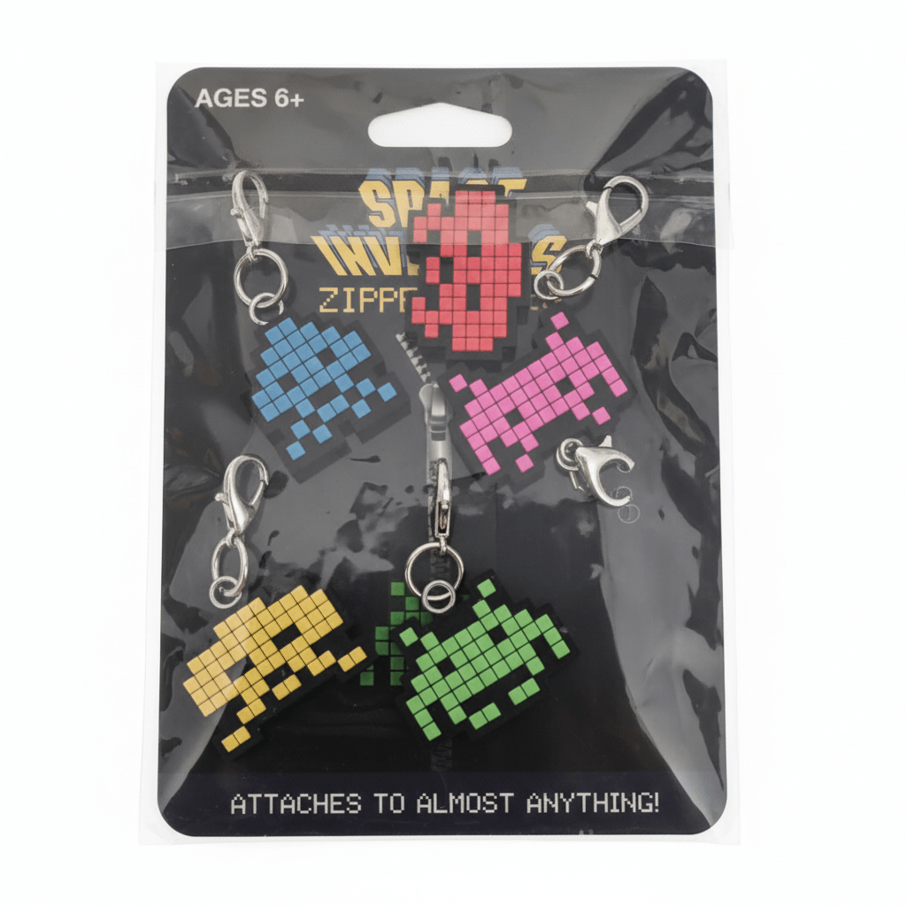 Space Invaders Retro Pixel Alien Zipper Pull Charms - 5-Piece Set - Grown Up Kids